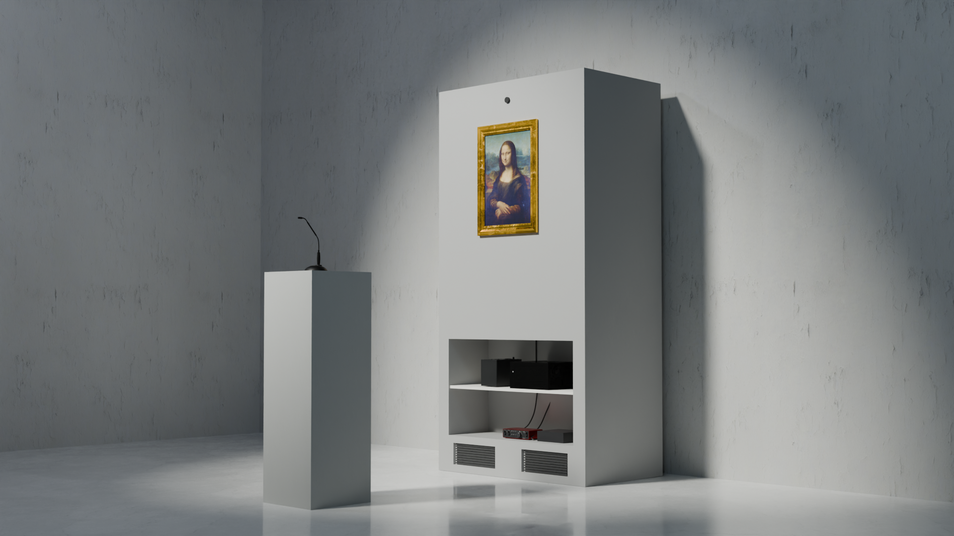 Talking Paintings installation, version A: a framed portrait on a museum stele with camera, speakers and computer, and a microphone on a pedestal in front