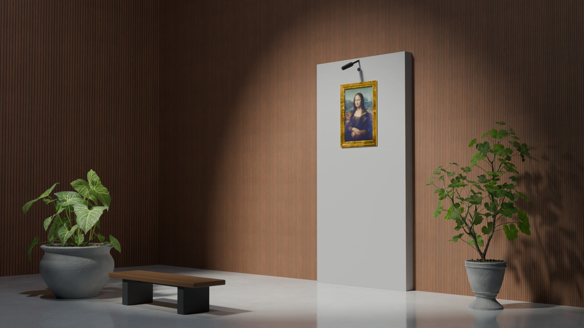 Talking Paintings installation, wall version: a framed portrait on a slim panel leaning against the wall, with a shotgun microphone above the frame
